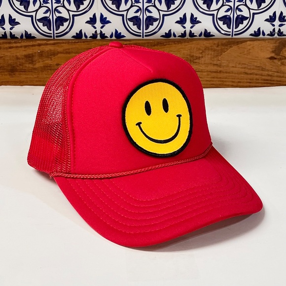 Otto Smiley Face Mesh Back Adjustable Trucker Hat Red OSFM - Picture 4 of 9